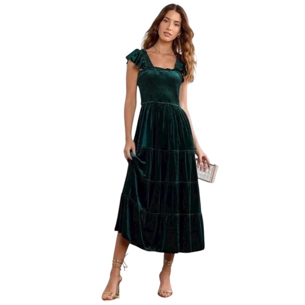 Hill House Home - Velvet Nap Dress Ellie Green Smocked Tiered Midi Sz XS